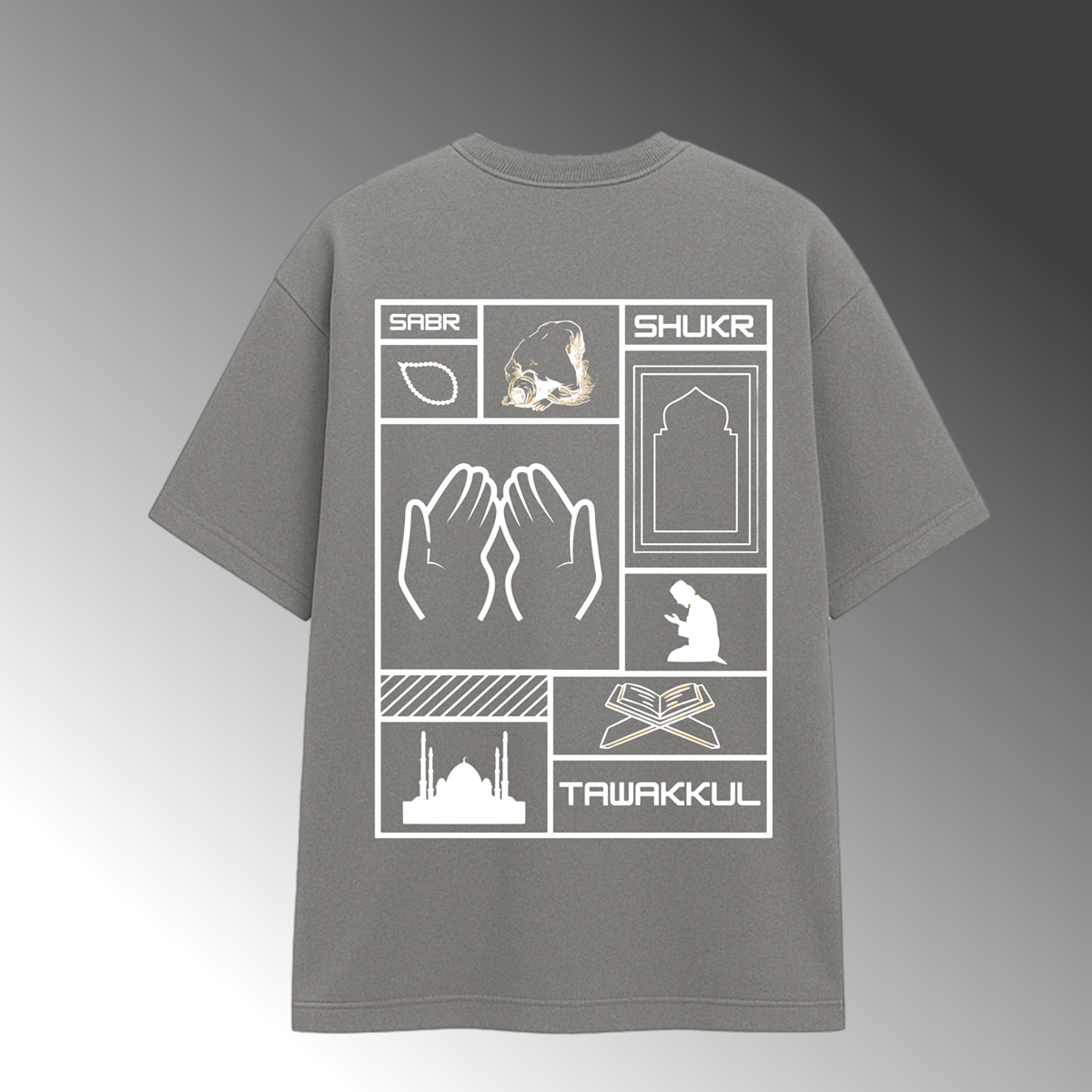 SABR , SHUKR , TAWAKKUL GREY T-SHIRT(GRID)