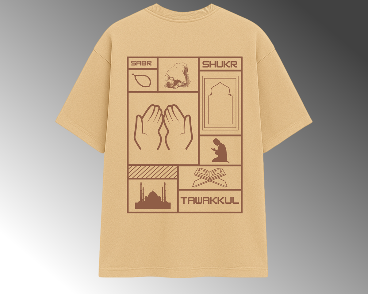 SABR , SHUKR , TAWAKKUL BEIGE T-SHIRT(GRID)